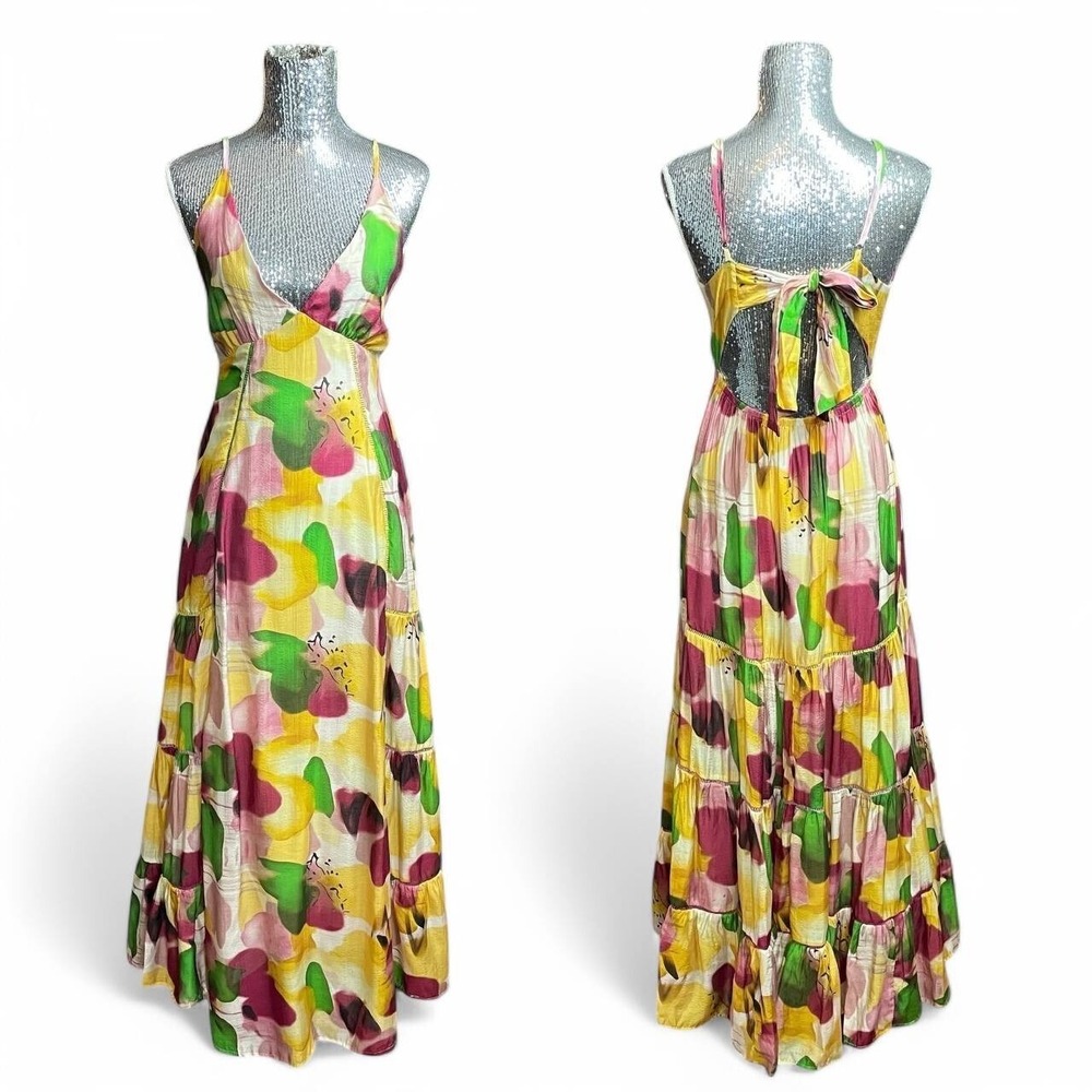 Boho Watercolor Maxi Dress Small Summer Festival Tie Back Spaghetti Strap‎ Flowy